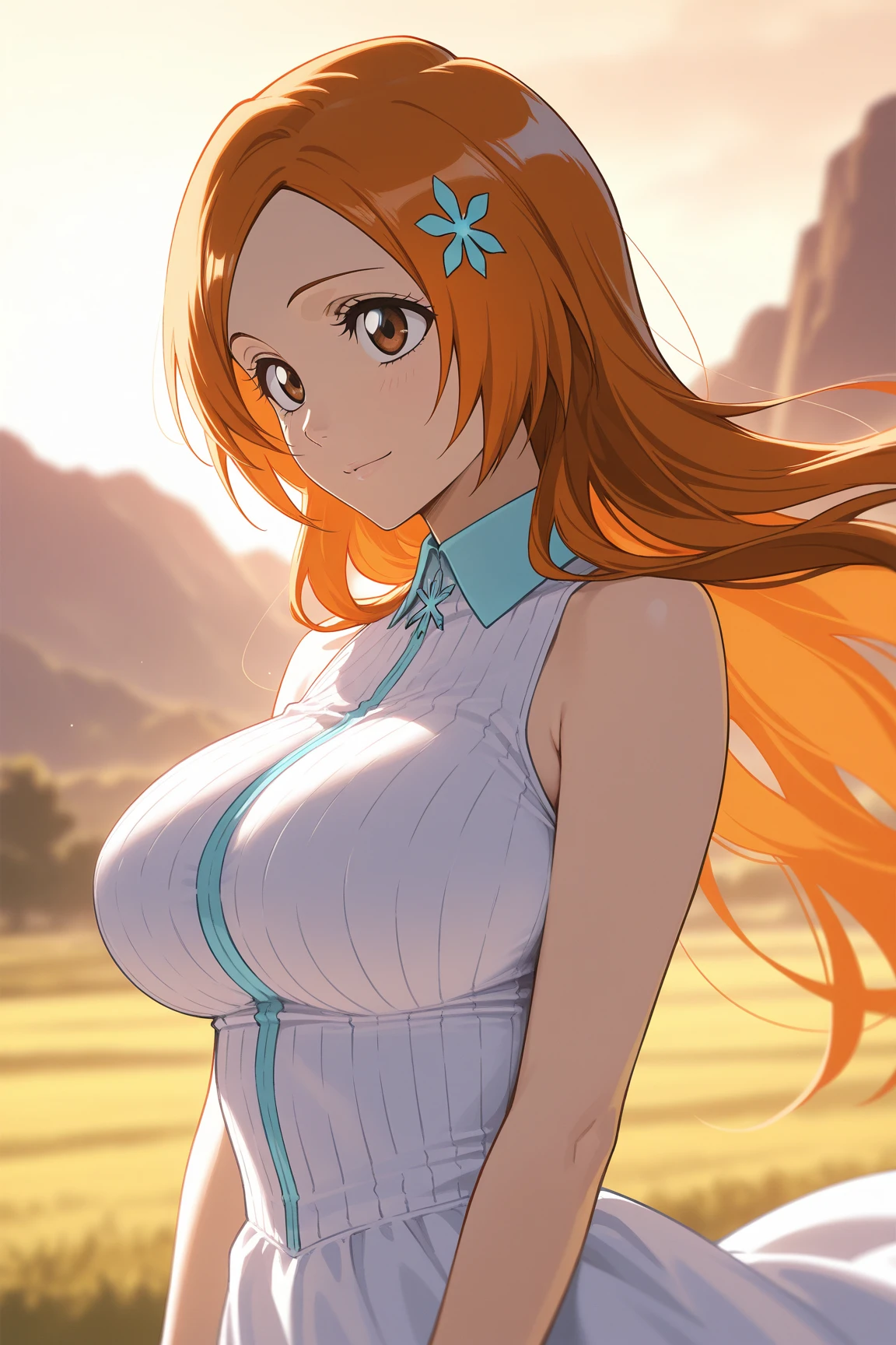 high resolution,One beautiful young sexy nico nami adult woman with big breast and orange long hair and long leg, (Soft Saturation:1.3),(light skinned:1.2), (hyper detailed background),bokeh dof, Romper,Portrait of smiling girl,When viewed from the front,The composition is symmetrical,Look straight at you with serious eyes,Romper (Towel wrap),(Towel wrap),middlebreasts, outside of house,Uncharted,Sky sky,rays of sunshine,Hot Spring Resorts.mountainscape, strong lights,front lit, (teen ager:1.3),(cowboy shot:1.2),break Angle from the front, looking at viewert, dynamicposes, Sitting on the wheat field ,wakame