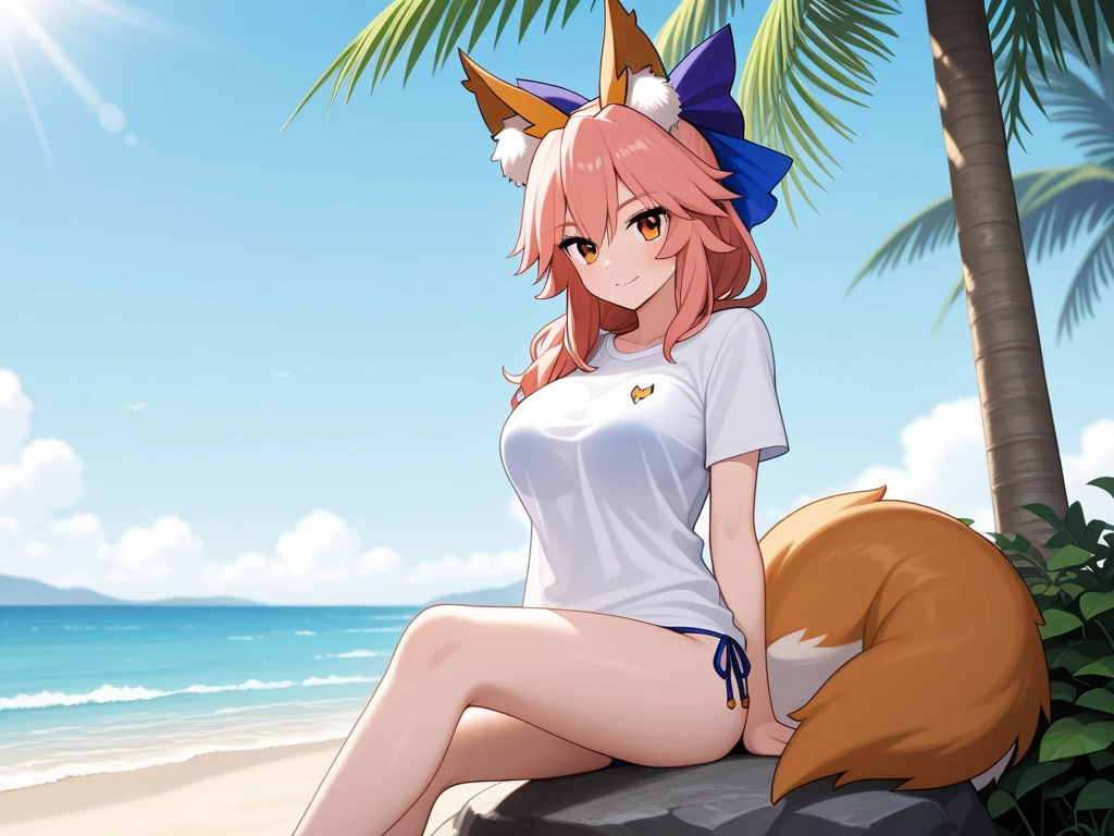 best qualityer,best resolution,(cute furry den :1.6),(Youngh :1.6),fox girl,breasts small,long pink hair,Wavy hair,white body hair,white fox ears,white fox tail,black swimsuit,beachfront,looking ahead at viewer,naughty face,shy face,ssmile,gaping mouth,full-face blush,shy pose,looking back