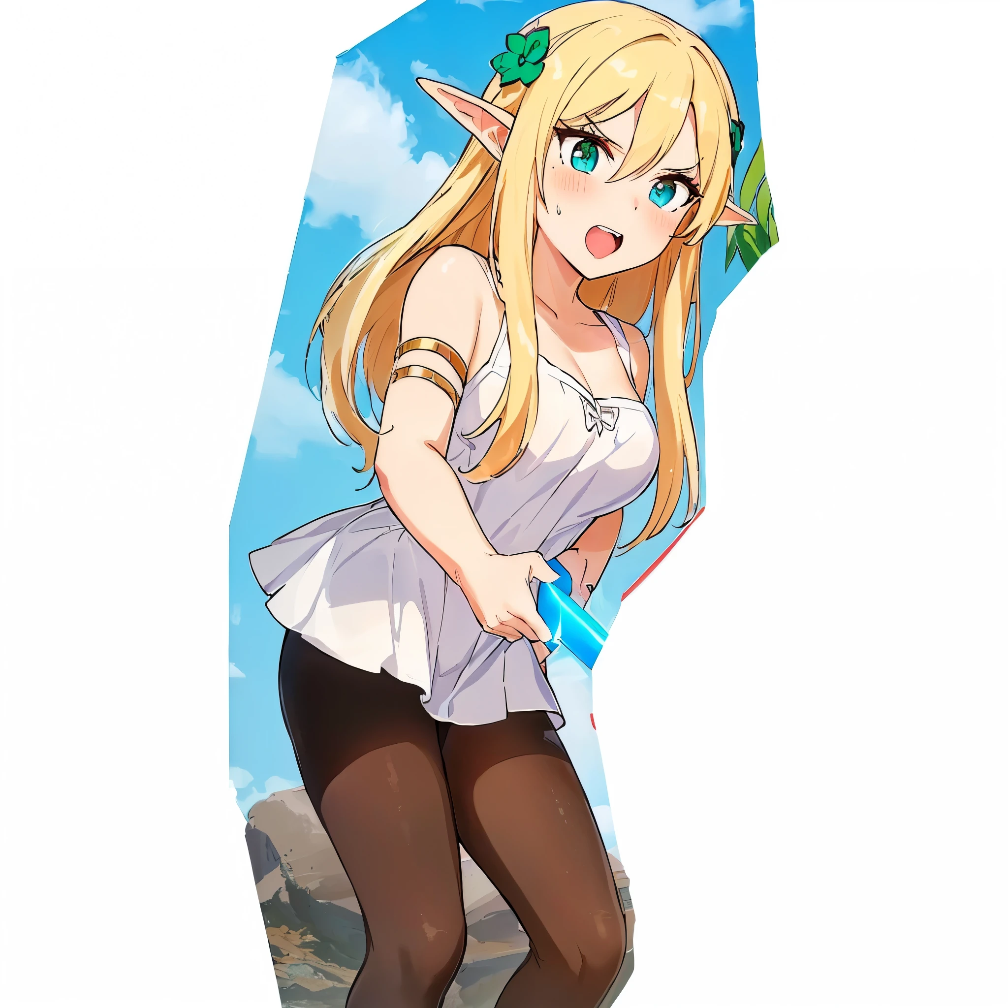 blonde hair,blue eyes,pointy ears,elf,masterpiece, best quality, photorealistic, yujiasuit, yoga sports bra, yoga pants, 1girl, solo, , yoga ball, pants, looking at viewer, smile, green sports bra, simple background, , midriff, long hair, breasts, green pants, sportswear, tank top, upper body,
