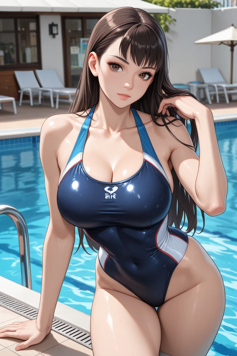(((high resolution)))、(((masterpiece)))、Japanese beautiful girl、30 years old, detailed face, detailed eyes, perfect face、cute face, (((off shoulder))), (((competitive swimsuit))), big tits, all body