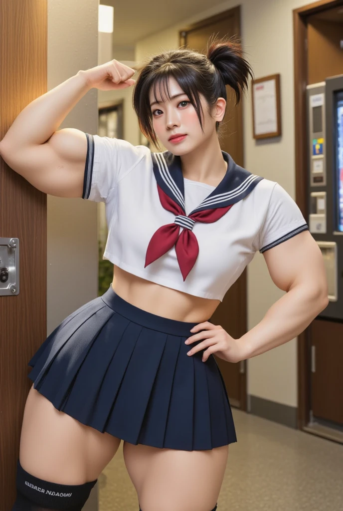 (best quality, 8k, highres, photorealistic:2.0), (solo, one girl:2.0),(lighting: strong),(lighting: front),(Girl is climaxing hard:1.9),(very muscular girl:2.0),(bodybuilder girl:2.0),(oily skin:2.0),(black short hair:1.5),(Squat down on one knee and spread your legs apart.:1.5),(raise both arms behind your head:1.5),(wearing black loafers:1.5),(short sleeve school uniform),(short white shirt),(blue sailor collar),(red neckerchief),(white socks),(blue skirt),(blue pleated mini skirt), (Wearing white panties),Photographed in front of high school