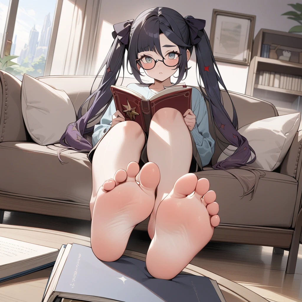 (masterpiece), best quality, expressive eyes, perfect face, Mona, Genshin Impact, long hair, twintails, in casual clothes, rounded glasses, reading a book, living room, feet, soles, feet focus, relaxing feet, (couch footstool),