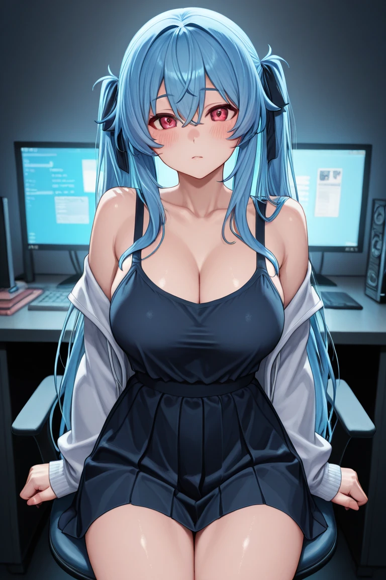 (masterpiece), (highest quality), (illustration), (super detailed), (high resolution), absurdity,1girl,solo,hatsune miku,gaming chair,computer keyboard,desk,indoors,monitor,looking at screen,expressionless,mouth open,drool,empty eyes,mind control,hypnotized,blush,sitting,pink light,big breasts,cleavage,curvy,lingerie,navel,open shirt