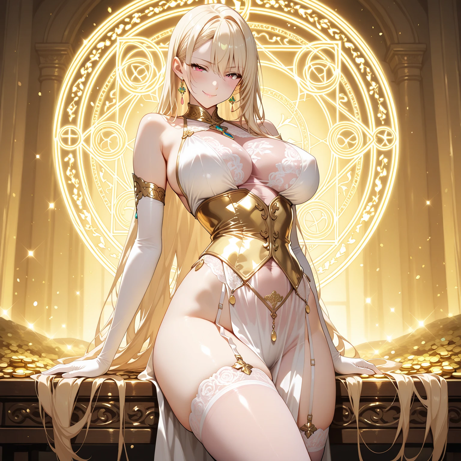 17yo girl, elf, golden hair, hime cut, long hair, J cup breast, thicc thigh, erotic body,  golden string pasties on tits, golden pasties on pussy,  golden bracelets, golden collar, golden necklaces, golden throne, golden cape, golden tiara, golden heels, gorgeous, sitting on throne, string net on legs, holding golden cane, throne room scene, clear view.