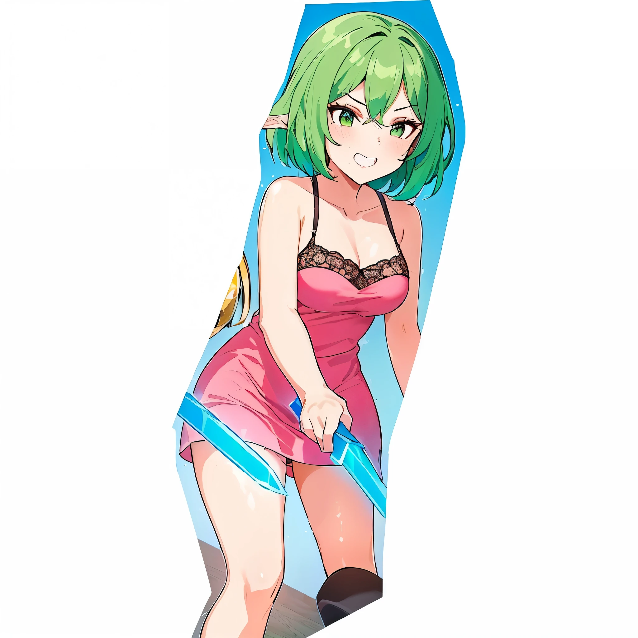 1boy, 1girl, beach, bikini, bikini_aside, blush, breasts, clothed_sex, clothing_aside, day, eyebrows_visible_through_hair, green_bikini, green_bra, green_eyes, green_hair, green_panties, green_shirt, green_skirt, hetero, medium_breasts, navel, open_mouth, outdoors, panties_aside, penis, pussy, pussy_juice, sex, short_hair, skirt, solo_focus, spread_legs, swimsuit, uncensored, vaginal in the style of (((gtechstyle)))