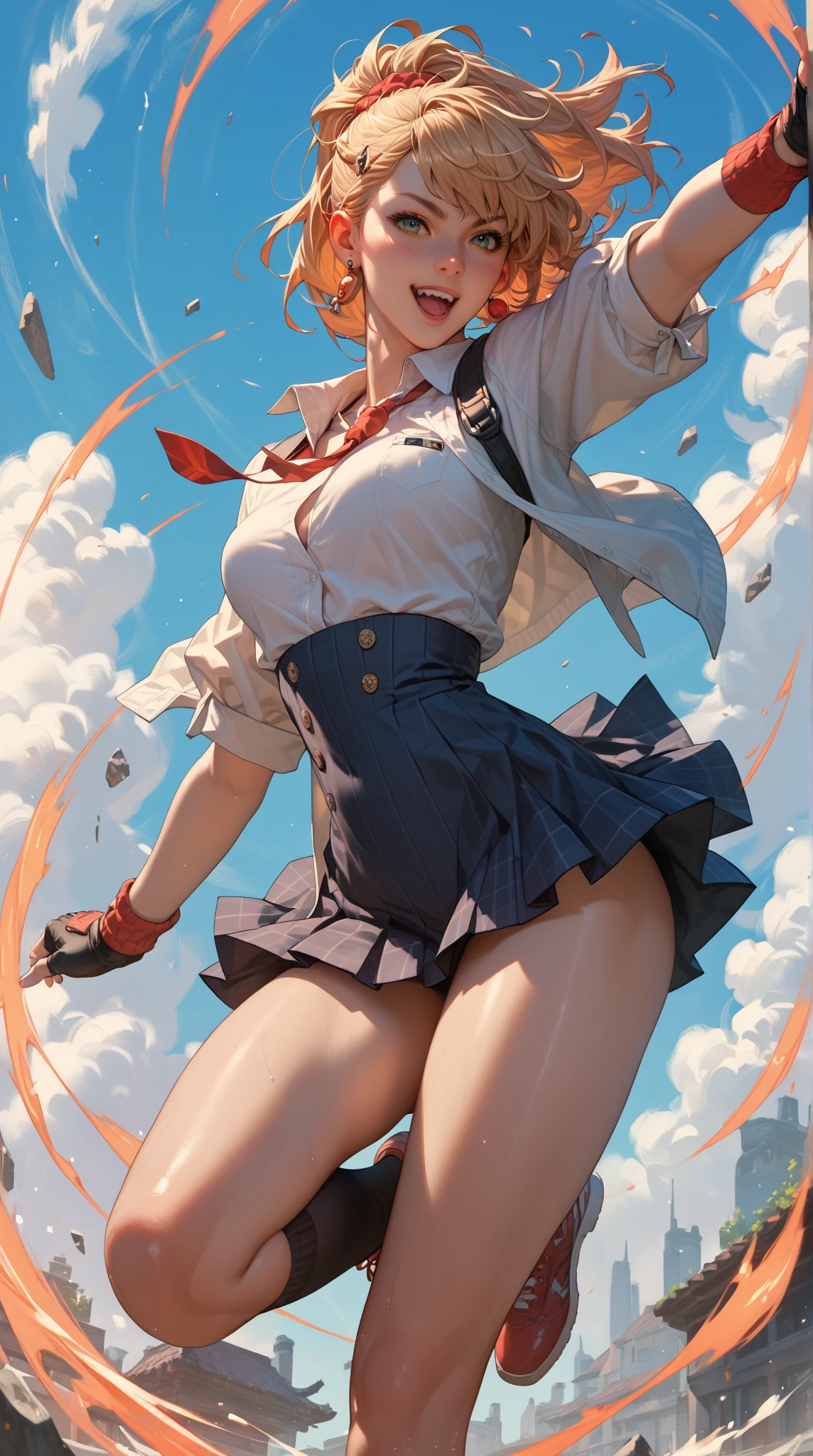 Highest image quality、8K quality、masterpiece、professional writing、(Two big breasted girl are standing:1.3)、(Super big breasts compressed with clothes:1.2)、Whitening skin、Shining blue eyes、(A tight pure white shirt that completely covers her huge breasts:1.2)、Crimson Ribbon Tie、Amazingly short super mini pleated tartan check skirt、(The upper body is hidden by the shirt and no skin is visible.:1.2)、(slim waist:1.2)、above the knee、Skirtliftv1、(Beautiful butt:1.4)、(Super big breasts straight ahead composition:1.2), 16 years old,((short golden hair)),(golden eyes), Rose cheeks, Pretty Face, A perfectly proportioned face,big round breasts