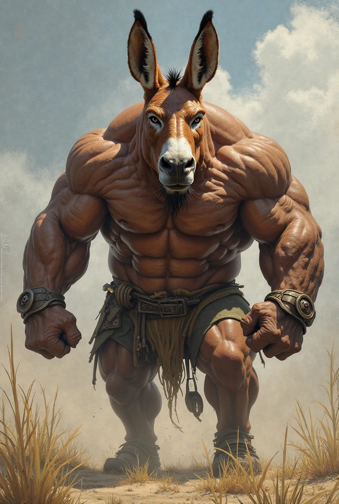 horse man, exaggeratedly muscular, breasts full of milk, muscular thighs, malicious expression, white fur with black spots, flushed cheeks, blue eyes, farm, nicebulge.