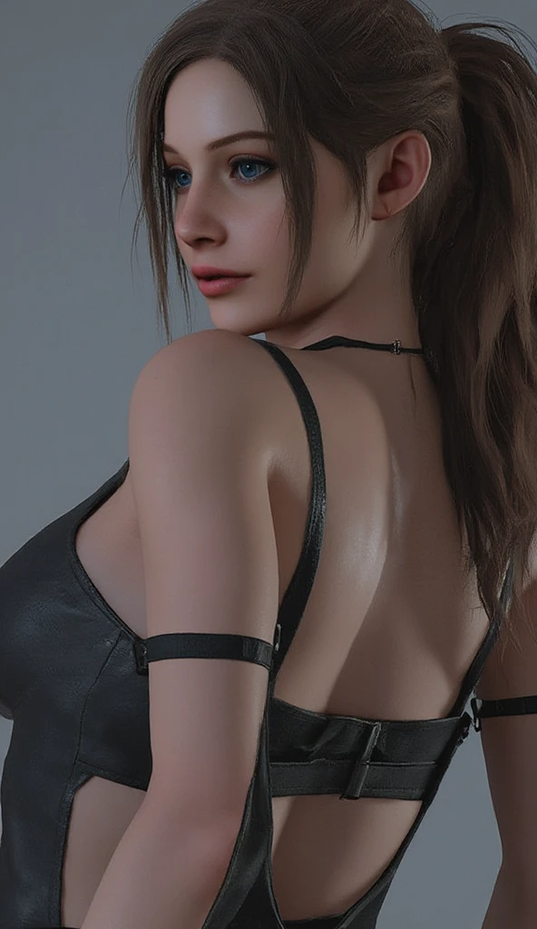 Claire Redfield, {{master part, best quality, CG extremamente detalhado, Unity 8k papel de parede, Cinematic lighting}}, 1girl, Mulher nova, corpo inteiro, dia ensolarado, belos olhos detalhados, (seios grandes, clivagem), Bunda redonda, looking up at the audience, long eyelashes,3/4 body