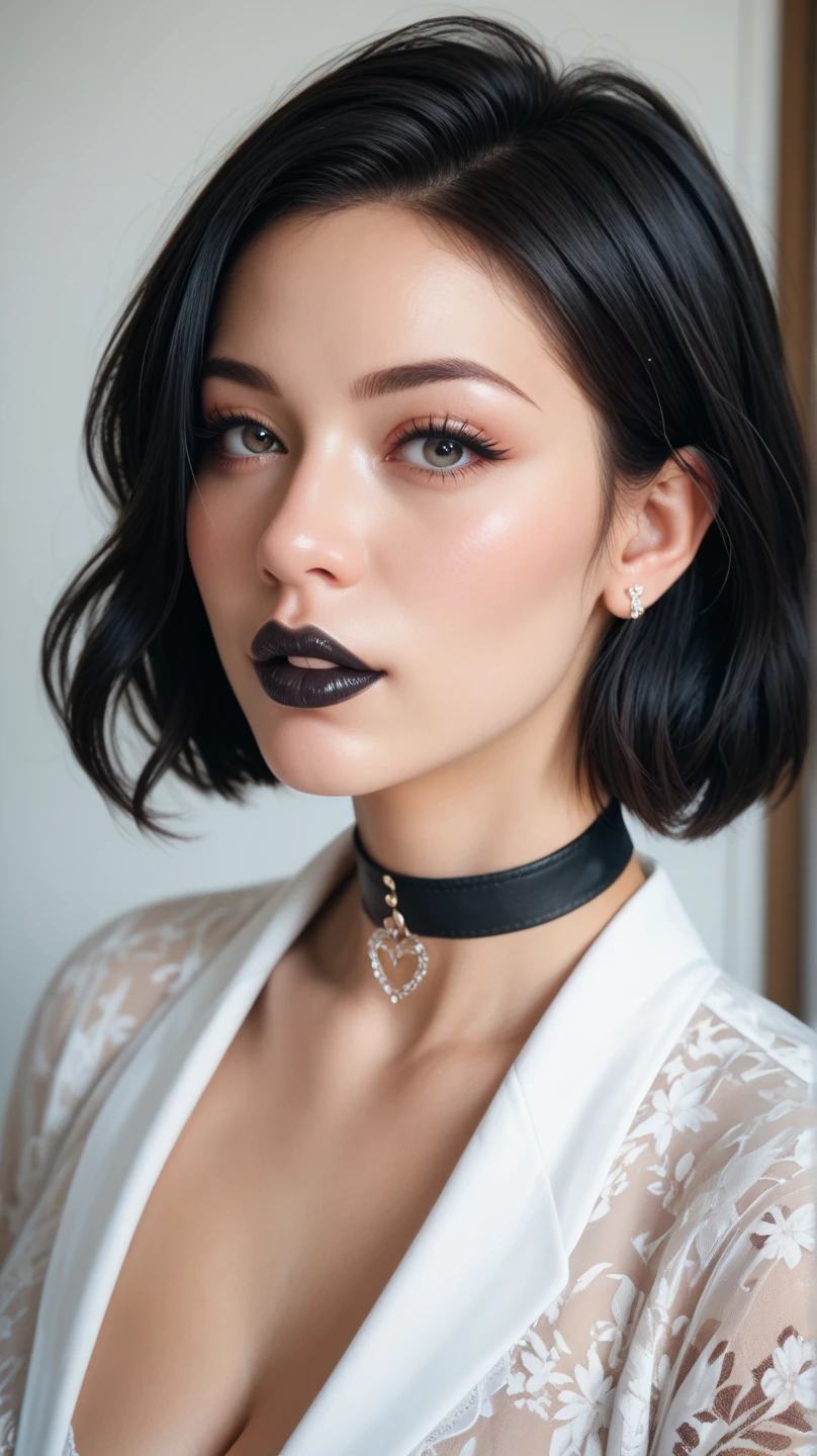 Gorgeous european woman with very short hair, short hair, wet hair, hair slicked back, combed straight back, slick hair, streaked black hair, seductive, red lips, elf princess, cleavage, vintage, solid dark grey background