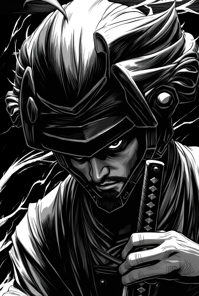 (((ink style art:1.3))), ninja inspired guerrilla, realism style, sharp gaze, bandana and bandana mask, messy hair, upper body, dripping tree of backdrop, cinematic angle, high quality, detail, (((enhanced ink atmosphere:1.3))),