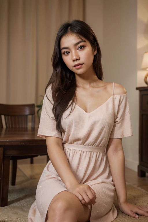 The beautiful woman , korean idol ,big eyes , wearing a loose, light-colored dress