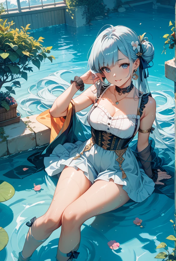 official art, masterpiece, sharp focus, (Beautiful, gorgeous and cute Korean woman:1.3), (Beautiful and cute Koreans:1.3), Korean beauty, exquisite beautiful hair、eyes and face, actual, super detailed, beautiful girl, blue sky, 发光white色颗粒, (Side light:1.2), Sunlight, white云, Detailed cloud, thin and long, Cute big and big ass, smile with teeth, ((smile with eyes, open your eyes)), landscape, long, straight hair, sexy facial expression, architecture, (城市landscape:1.7), dynamic hair, very long, straight hair, 精致的white金银发, glowing green eyes, pink skirt, white, 皮膚蒼white, hair accessories, epic landscape,High heel,Nice butt,beautiful butt