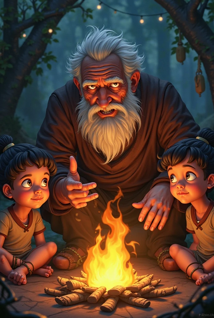 Un vieux villageois racontant la légende au coin d’un feu, avec des enfants assis autour, les yeux écarquillés de peur.