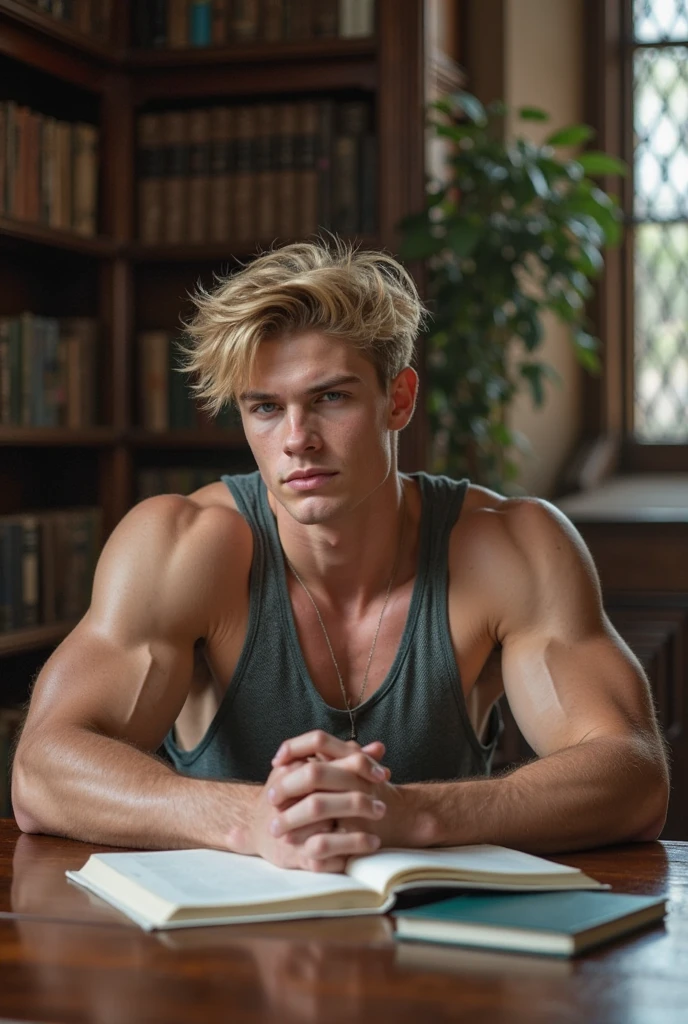 Man sitting in his desk chair, blonde hair that is disheveled but neat, penetrating and deep look, dark green eyes, White skin color, very athletic physical build. Sadomasochistic place scenery, with red lights and many chains 