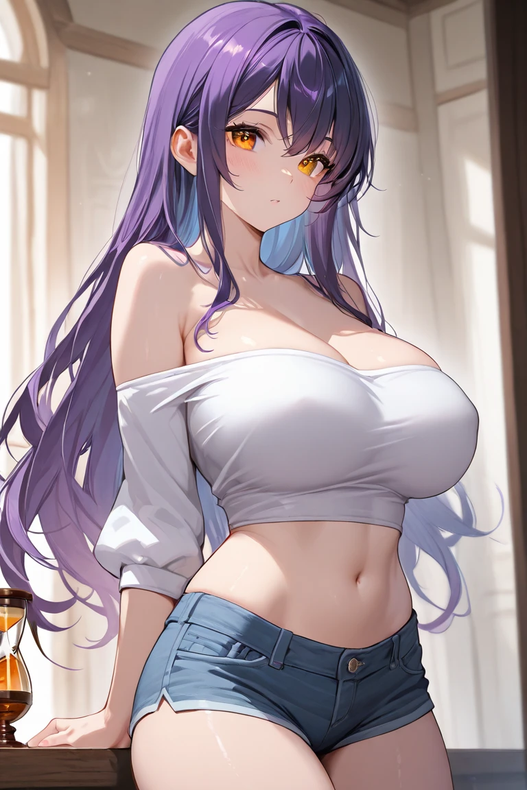 la+ darknesss, perfect ???????, , 1girl, solo, cowboy shot, grey hair, purple hair, braid, yellow eyes, horns, indoors, t-shirt, shorts, casual, relaxing, smirk , arms behind back , huge big breasts
