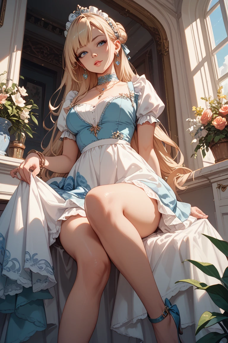 verano, DESIERTO, nubes rosadas, A land covered with roses meets beautiful girl, James Gurney, rendered art station, lente ultra gran angular, Hi-Def. Mujer rubia con vestido azul acostada sobre una alfombra de piel con las piernas cruzadas, Medias largas y blancas, Medias blancas, usar medias blancas, Medias blancas, Piernas masivas que se elevan sobre ti, Piernas tomando tu POV, Diosa rubia, Anime Barbie en Medias Blancas, Angelawhite, Uso en medias, piernas gigantes, Vista media desde debajo de sus pies, Medias
