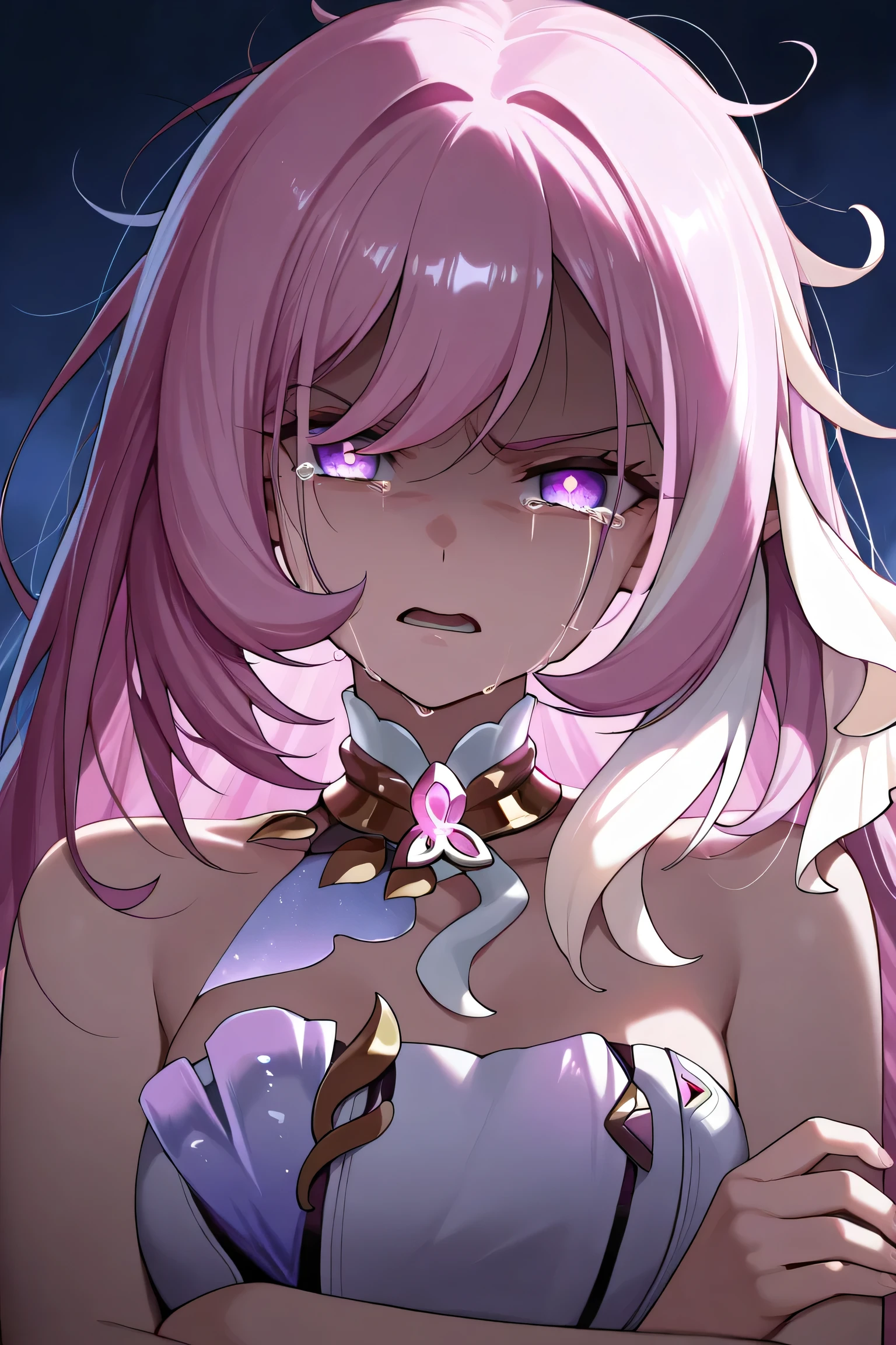 elysia herrscher of human ego ,1girl, head tilt, confident, messy hair, sad, looking at viewer, dark atmosphere, serious expression, angry feel, tears, crying on one eye, open mouth, crossed arms, stiffed shoulder, anger