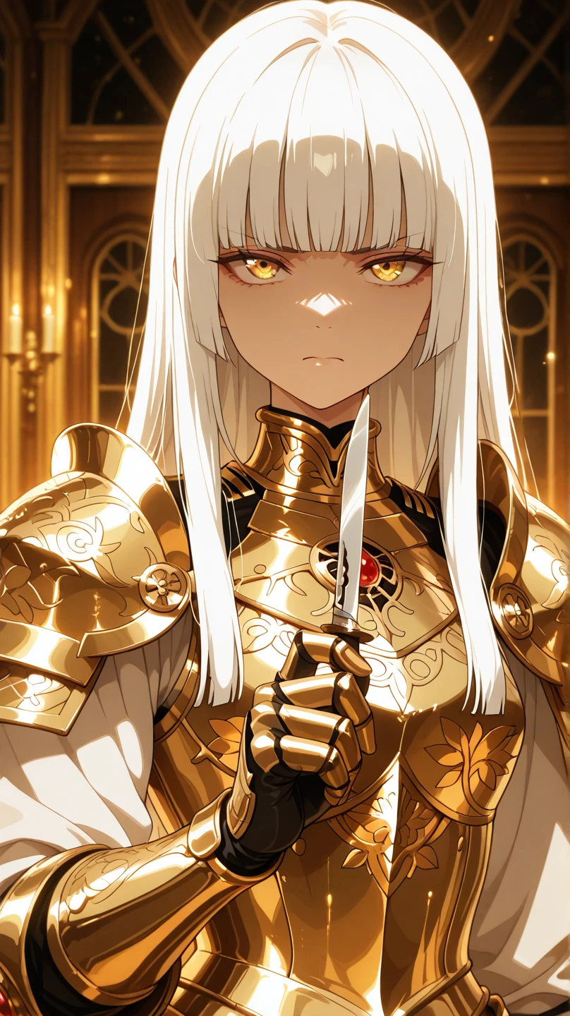 masterpiece, best quality, hd, highres, (1 mature adult woman), solo, sun ray, (church), mature, adult, sharp eyes, paladin girl, golden revealing armor, (eyes partially closed:0.2), medium breasts, (long messy white hair), serious expression, white cape, body plate armor, cross necklace <lora:OmarDogan_08v2:1>