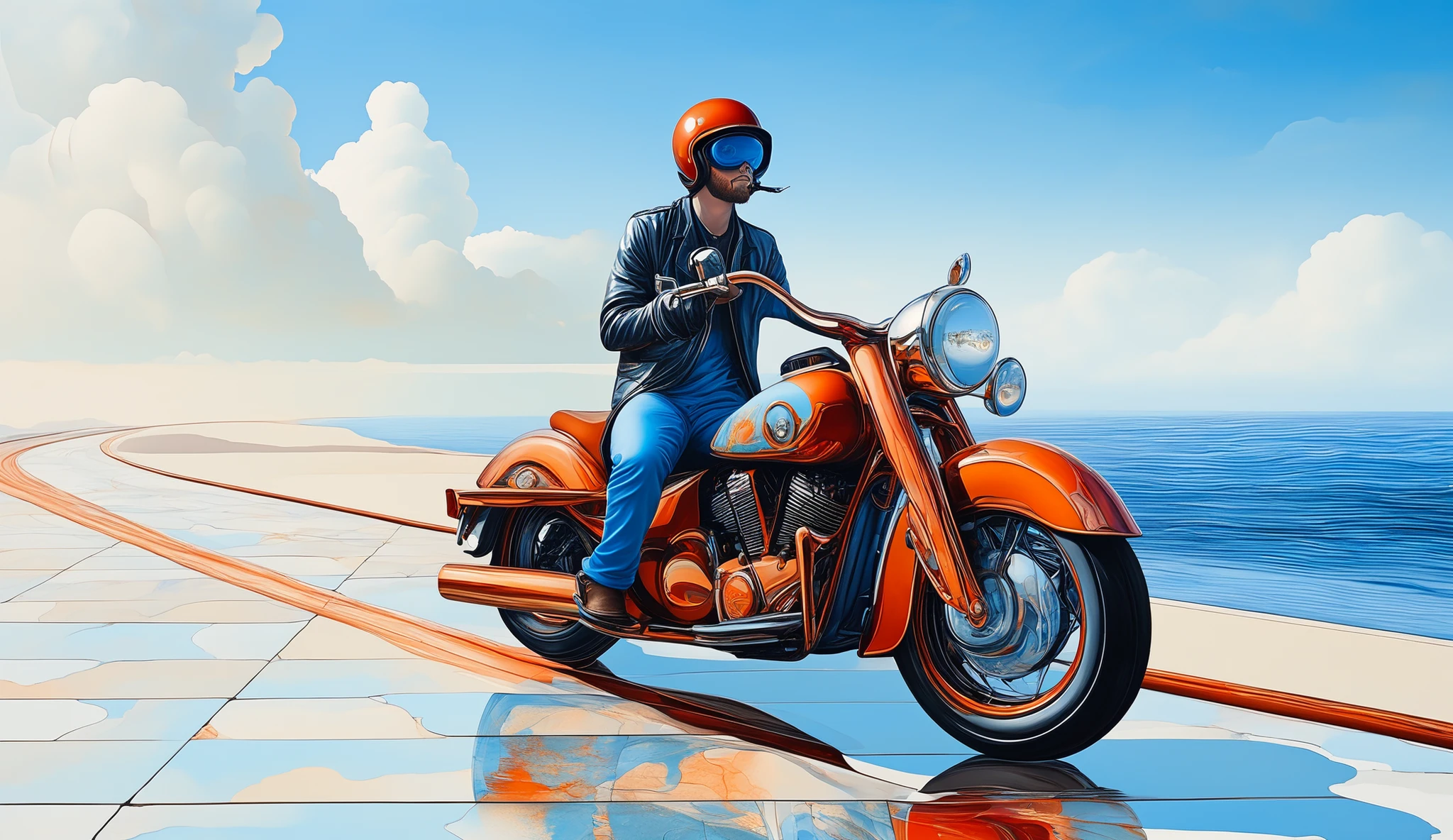ben goossens and james jean art style , A motorcycle ride along a coastal highway with ocean views, marblelized color palette Maximum Blue, Battery Charged Blue, Orange Soda, Burnt Umber, Indian Red
