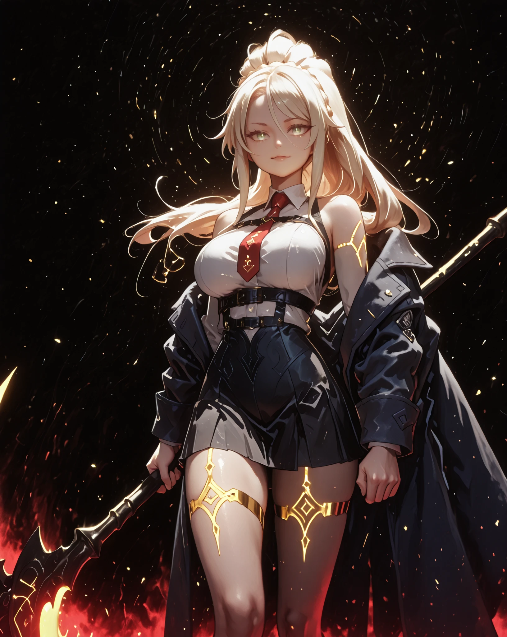 A young female character, black background, with the same height and body type as Mash from Fate Grand Order. She has long blonde hair tied in a ponytail, like Artoria Pendragon Ruler from Fate Grand Order, and the same facial features as Artoria Pendragon Ruler from Fate Grand Order: green eyes, but with a provocative and confident smile. She wears a black military uniform with a black skirt. This uniform is very detailed, with gold medals and symbols, and a red tie. Her pose is bold and confrontational, looking directly at the viewer with her head slightly tilted, shoulders back, and an expression full of confidence. The overall style should be detailed and colorful, matching the rendering quality, but with a cyberpunk touch and a younger feminine appearance. The character is holding a gigantic black scythe, whose blade is disproportionately large — much larger than the character's total height. She wears a black military coat, very detailed, full of medals, the coat is falling over her arms, leaving her shoulders exposed. The character has large breasts and butt, giant predominantly black scythe, golden metallic runes on the shoulders and arms, in a fighting stance as if attacking an enemy. The character must be facing the viewer (screen), the character is standing, in attack stance, the character is standing, in attack stance, attack stance as if attacking the enemy with the giant black scythe, black background, huge black scythe, huge black scythe.