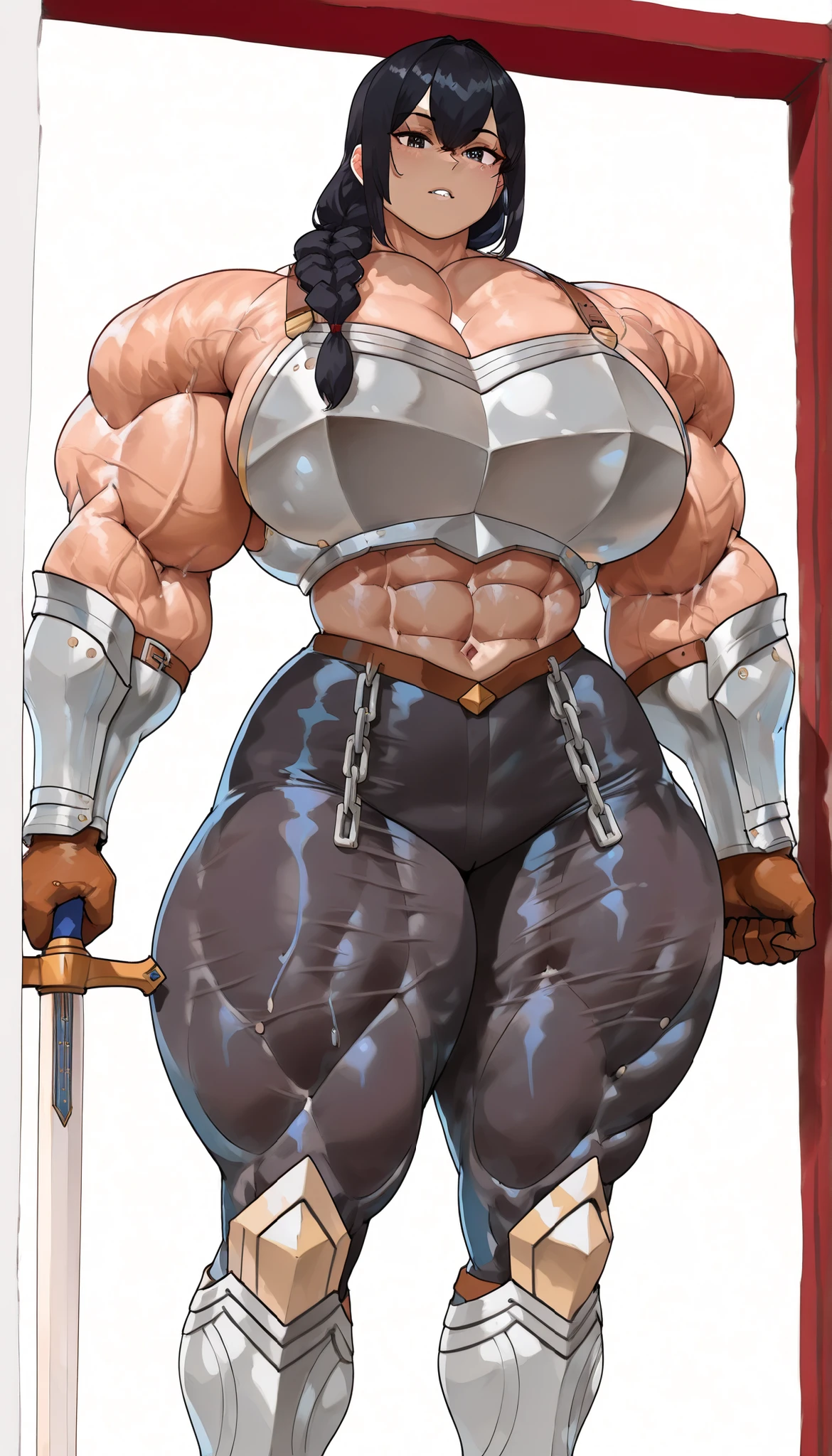 detailed, character sheet, same person, "high quality, strong and fierce orc barbarian with boots with dark brown skin, well-defined muscular legs and large hips" ((fullbody)) ((((tall)))) (((barbarian armor))) ((earring)) (solo)