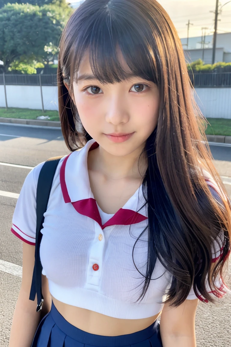 Japanese,6 years old,Baby Face、Ultra-flat chest、Ultra short height、An innocent smile、Flat chest close up、Unrealistic flat chest:1.85、cute,Primary school students,Primary school studentsのピンク色の私服,Summer clothes、So small and so young