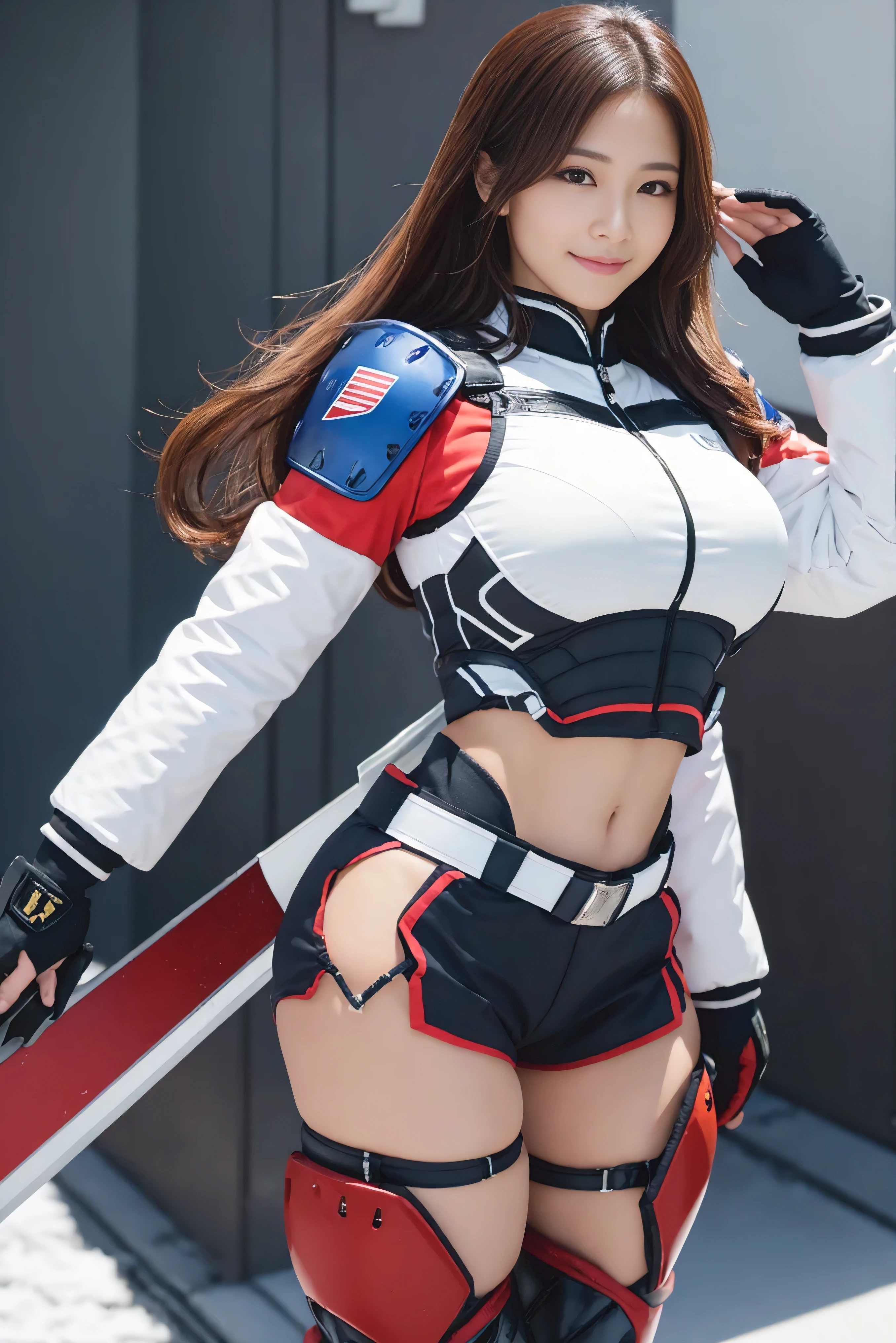 ((highest quality)), (be familiar with), perfect face, Japanese,35yo, smile, Full body Esbian:1.5, big breasts:1.5, Woman warrior:1.5, cheerleading uniform armor:1.5, adventurer, huge sword, huge sword, huge sword, huge gun, Sony FE GM, snow, naked, pony-tale