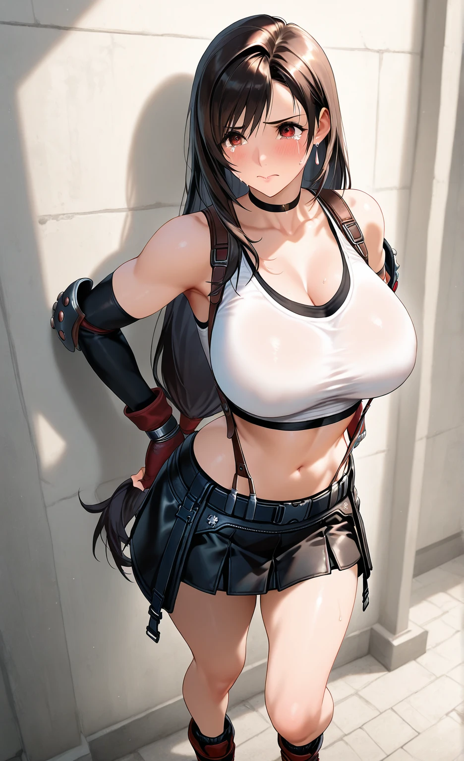 score_9, score_8_up, score_7_up,score_6, score_5,8k,rating_safe.nsfw BREAK , (from front.from above,front view,feet focus,standing,straight-on,(shirtUp:1.2),(nipple),(upperbody),looking_at_viewer ,1girl, tifa lockhart, final fantasy, tareme,black hair, low-tied long hair, red eyes, bangs, (white tank top, belt, pleated skirt, thighhighs, elbow fingerless gloves, elbow pads, midriff, navel,suspender skirt) ,large_breasts,(light smile),,,Solo,,(daytime and beachside and city),detailed skin,(best quality),(aesthetic,very aesthetic),,photorealistic,highly detailed,,depth of field,,professional lighting,cinematic lighting, dancing breast, 　　