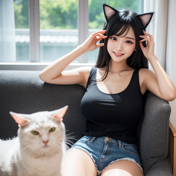 Woman in light maid clothes lying in bed with black cat, Smiling Woman、No makeup、smiling girl、Vlchats in thin maid clothes, Nekomimi, maid! attractive cat girl, Wearing Apple products in VR, very beautiful cute catgirl, Girl in VR headset, catgirl, Cat Girl, hololive, Wearing a VR headset, Wear VR goggles、Indoors bathed in the white light of the morning sun、clothes reflecting light、Teenage woman's skin reflecting light、Fashionable choker black cat、White curtains、There is a white curtain that transmits light、Black cat in a good mood、Teenage woman arm trying to touch cat's tail、Maid clothes reflecting the morning light、Cat Shadow、Fair-skinned young girl lying on bed、Black cat sitting in bed、Girl and Black Cat、Teenage girl's arms are translucent、Veins are visible inside、Anatomical internal muscles and blood vessels on the skin of the arm are faintly visible.、Thin anatomical tendons and veins are also visible on the nape of the girl's neck.、with a slender body、In the arms of a girl、shiny hair is faintly visible.、Beautiful black rich fur of cats、masterpiece、Delicate black-haired girl、maid clothes、The girl's thin arms and hands are transparent、Slender little teenage girl、Rin々Shii Black Cat、Photographer girl's face reflected on the glass surface of high-end headset(0.9)、Beautiful black cat coat、The eyes of the black cat also reflect the image of the girl who took the photo.(0.9)、top-quality(0.8)、masterpiece、contest winner