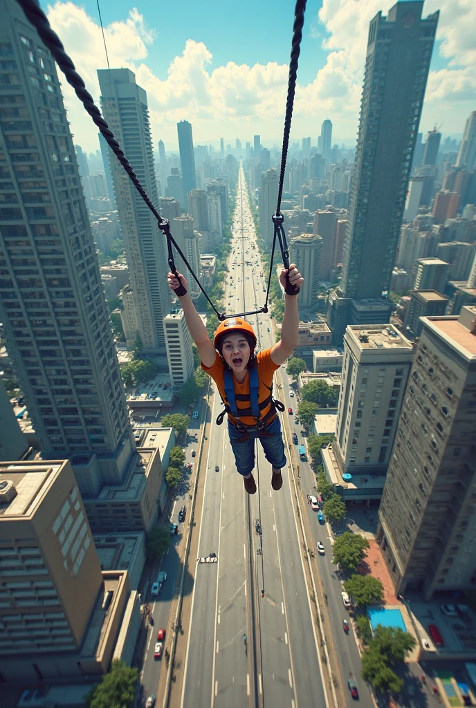 Imagine an intricate, ultra-realistic 8K photograph of a 3-year-old boy wearing glasses. He's sitting on a roller coaster high up on the slopes, with the rails and ground far below visible. A fotografia capta a vista frontal do menino, showing your joy and excitement during this exciting adventure. The image should convey the sense of speed with motion blur effects, Creating an immersive experience.