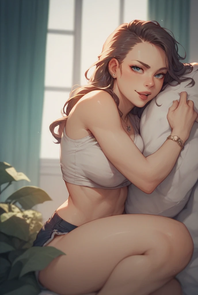 (A hot young girl in a slumber party in Argentina at night, smiling with a bedside lamp, her clothes are sweaty and wet, her armpits are visible in close up, her shoulder is greasy, the camera angle is from below looking to the side, her hair is flipped, the focus is on her armpit and shoulder, with backlight, she is stretching herself with her hand on her chest, the details of her pupils, fingers, and armpits are highly detailed, soft and elastic, the perspective is a point-of-view shot focusing on her upper body and middle breasts), dripping wet armpits, ((hairy)), unshaved armpits, open mouth, tongue out