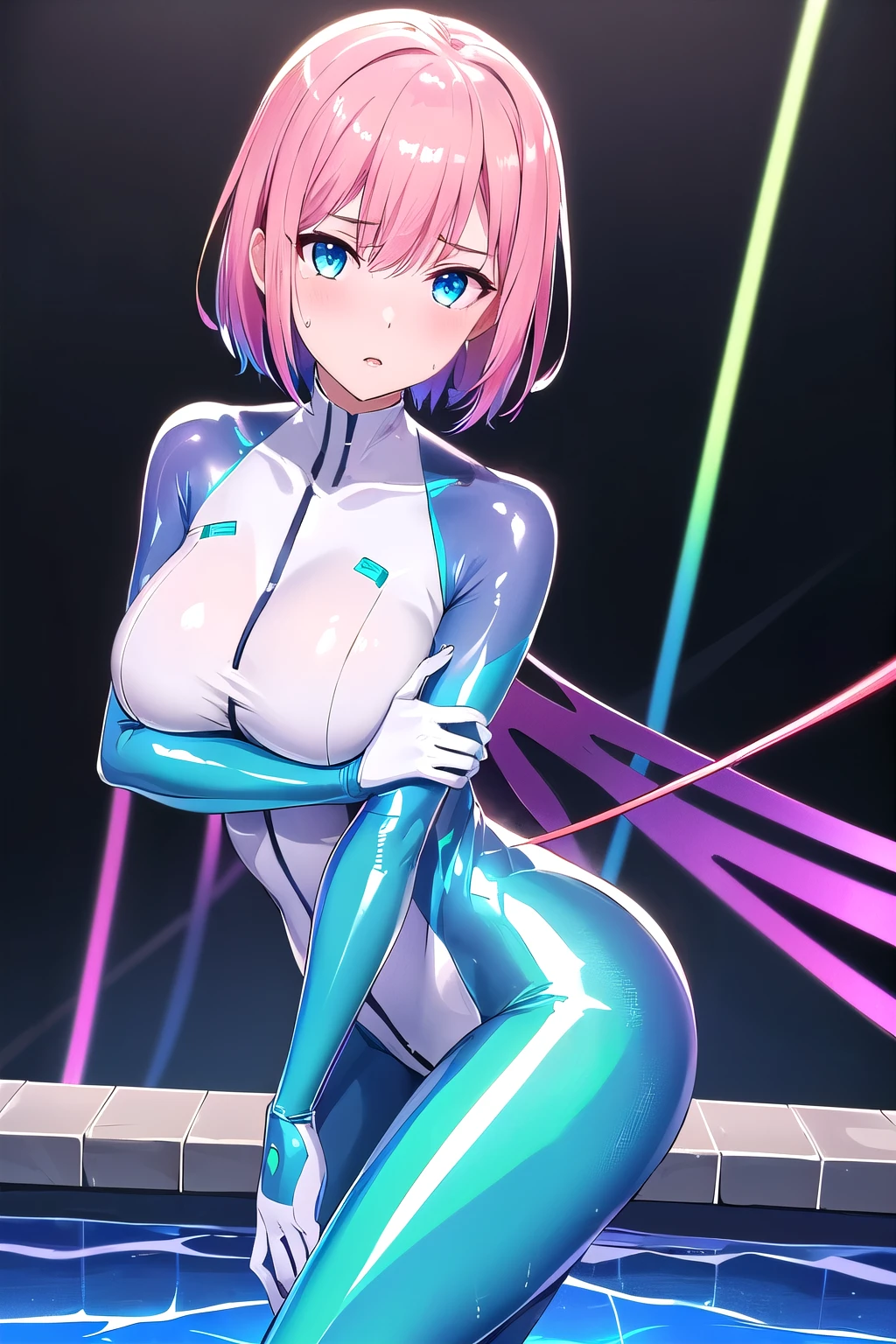 girl,boyish, very short hair, pink Hair, medium Breasts, glossy tight zero suit,Cowboy Shot,blush,sexy face,blue eyes,front leg pose,Tight fit,clearly,Striped pattern, (white background:1.3), 