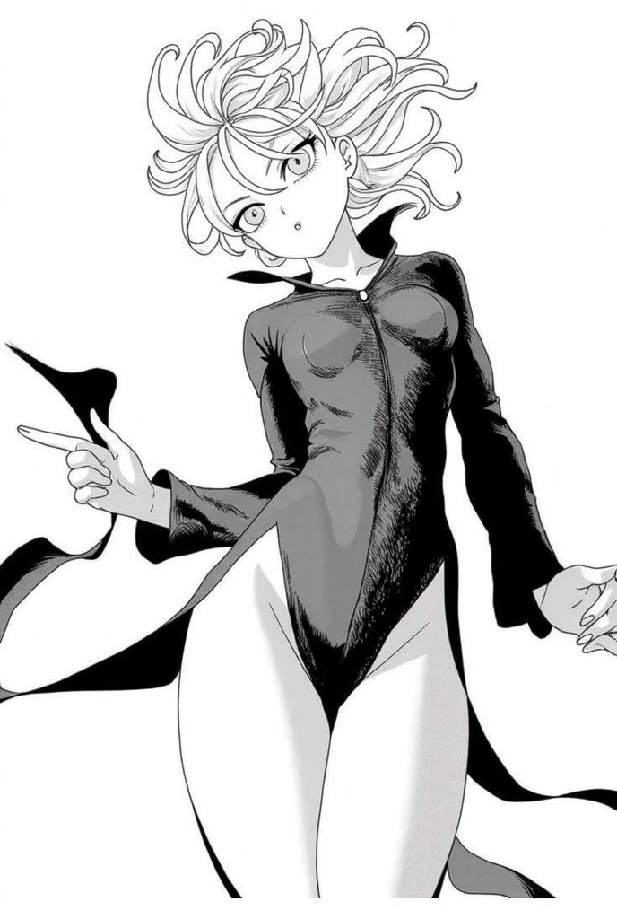  High resolution, Super detailed, Tatsumaki Tornado, Short green hair, Curly Hair, Black Dress, Long sleeve, indoor,, From below,Close your legs、On the bed、Lying on your back、Grin、Raise your arms、Grabbing the sheets