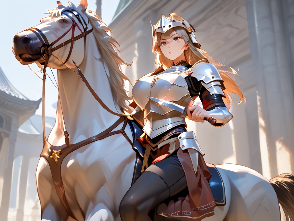 4K,High resolution,One Woman,centaur,Blonde,long hair,Blue Eyes,Brown fur,Valkyrie,White sacred armor,Full Armor,White gloves,Winged headgear,Jewelry decoration,Holy Sword,Temple in the Sky