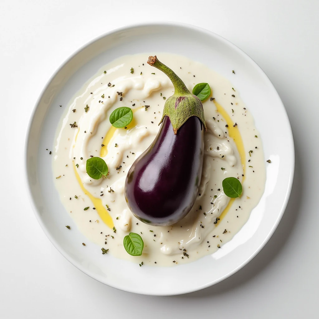 Create an image of an eggplant dip (white eggplant cream) which is accompanied by quality eggplants but with small, large shapes, shaped eggplants that are not displayed in supermarkets.
