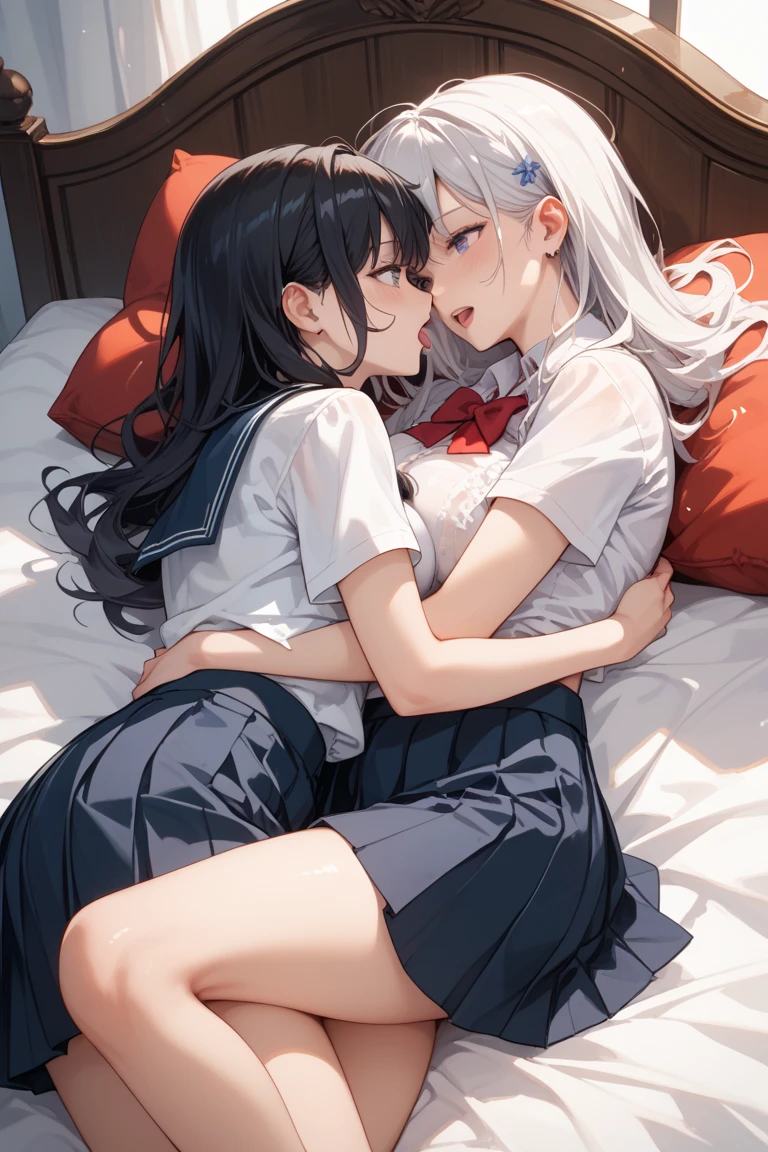 NSFW,vulgarity,Yuri[:1.5],2girls[:1.5],Silver hair, cute girl, embarrassing, White blouse, black knee-length skirt, Black knee-high socks,top-down bottom-up,on the bed,Pink Panties,Blue Panties,Kiss