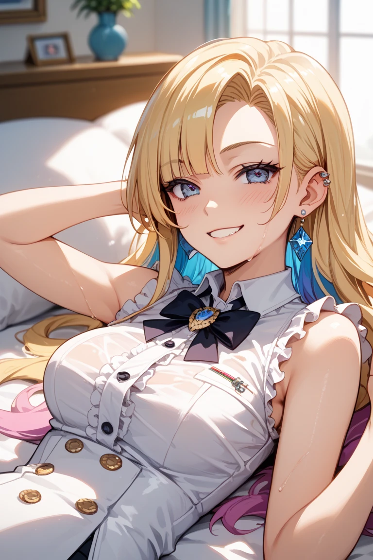 1girl in、A smile、The shirt、skirt by the、（）Chilarism、Japan High School Student Uniform、serafuku、summer clothing、（Sheer Bra）、Upper body portrait、blonde  hair、s asleep、Sleeping in large letters、