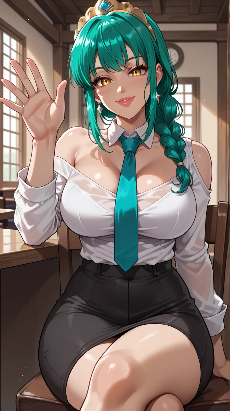 ((masterpiece)), (best quality), absurdres, <lora:HTiamat:0.8>, HTiamat, black suit, white shirt, collar, tie, formal, slacks, breasts, cleavage, exposed, breasts, blush, aqua hair, multicolored hair,