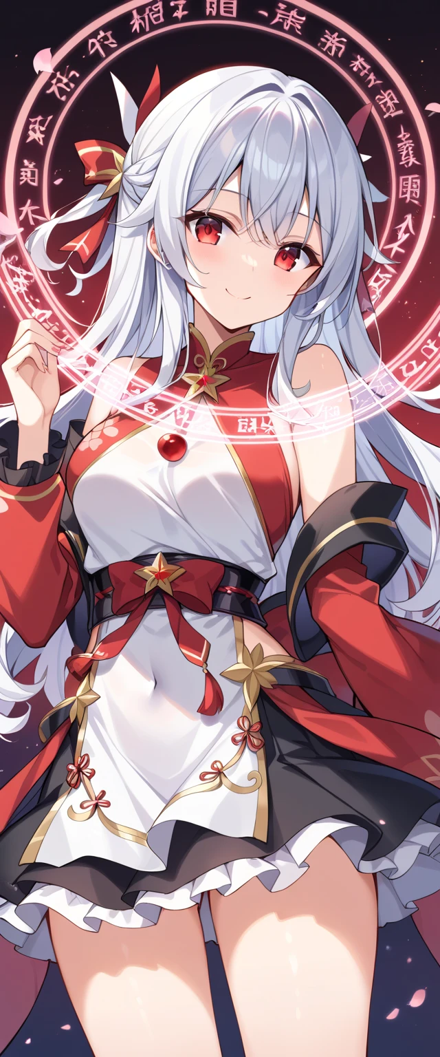 1 girl、Long silver hair、Red Eyes、((Red clothes、Fantasy))、Charm、Chest a little big、Expose、Fan