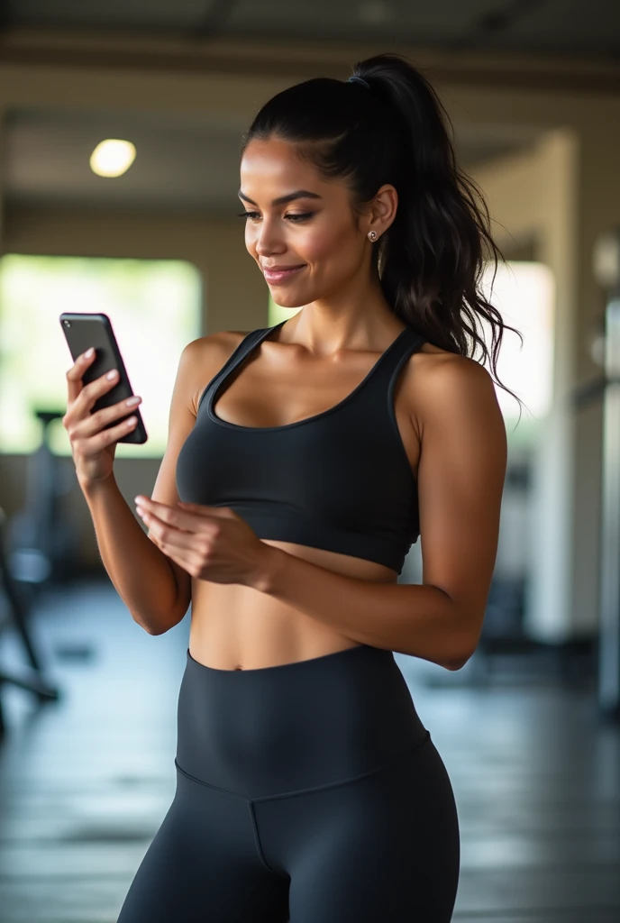 One Beautiful sexy woman, legging, tank top, looking handphone