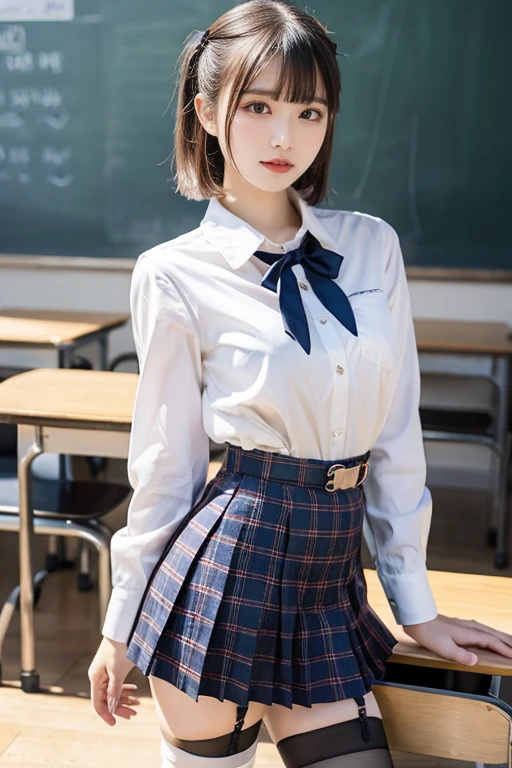(8K, highest quality, masterpiece, ultra high resolution, super detailed:1.2) , Photo of Pretty Japanese girls,school uniform, smile, , (18-year-old:1.1), japanese idol,(school classroom:1.3),In front of the blackboard,short hair