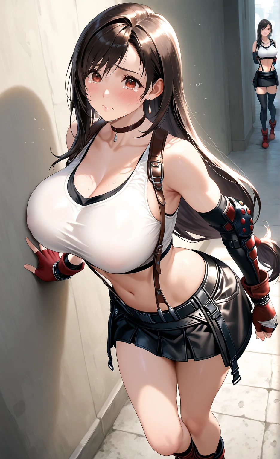 Tifa FF7、1girl in、独奏、looking at the viewers、Smile with open mouth、(white tank tops:1.3)、a black skirt、Suspender Skirt、Midriff、(black thighhighs:1.3)、bra very、zettairyouiki、is standing,(Skirt lift:1.3), (white panties:1.3)、(Skirt that rolls up:1.3)、(Fully exposed panties:1.5),