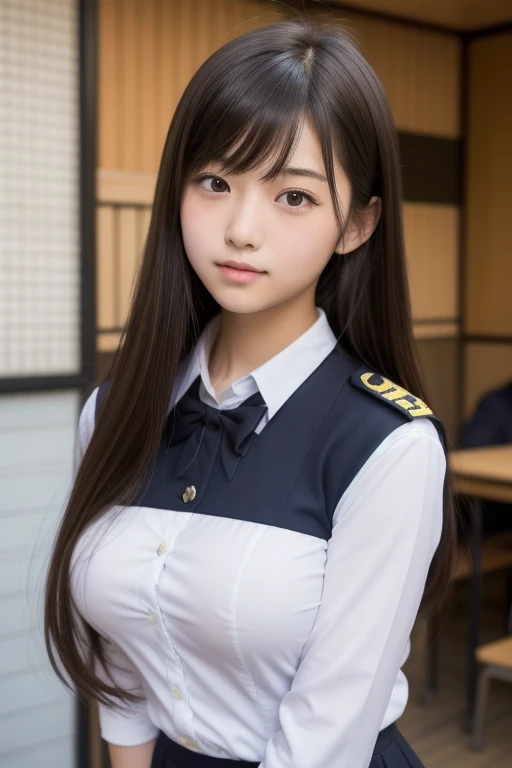 A girl with long black hair wearing a navy uniform　tall　Slightly larger breasts　With bangs　Foot thin