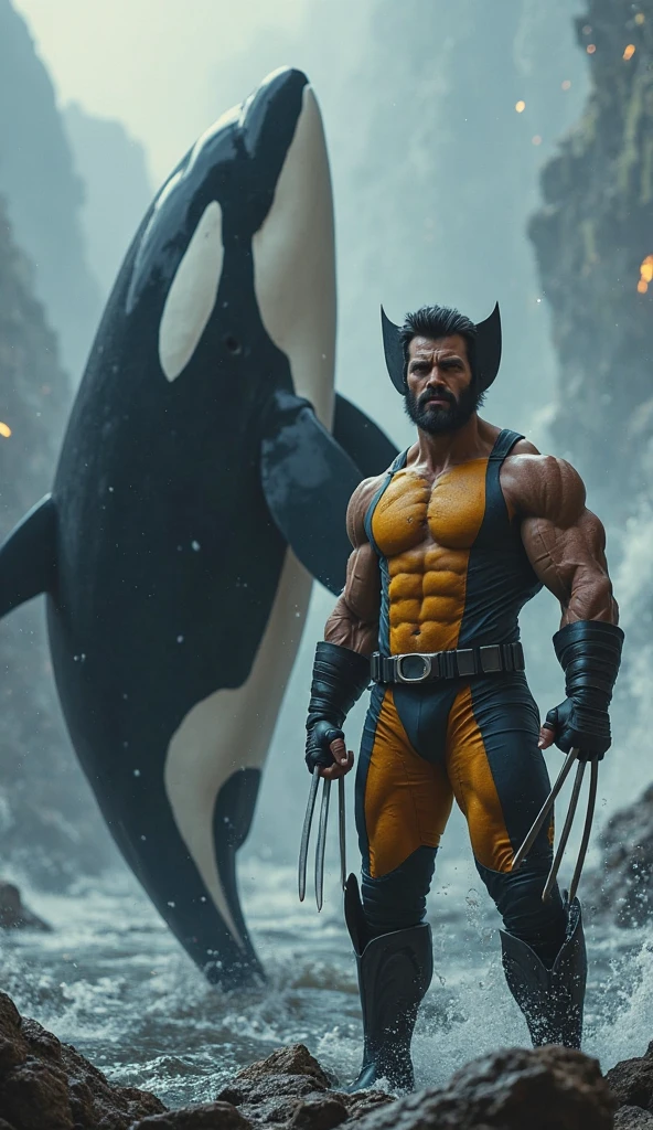 A Dramatic DC character Wolverine is exhausted after being hit by a water flood, cinematic, extreem realistic, extreem detailed, extreem Sharp, full body shot