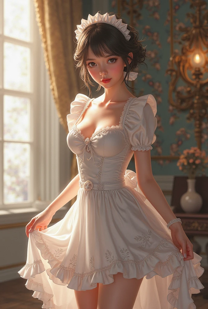 There's a woman in a white dress posing for a photo, vestir. detalhes extremamente altos, wlop intrincado, Loli no vestido, wlop loish and clamp style, em estilo de wlop, photorealistic anime girl rendering, vestido sexy, intrincado vestido branco, O estilo do WLOP, romantic gown, vestido com rendas brancas intrincadas, vestido branco