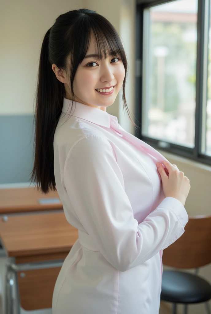 (In 8K、Highest quality、masterpiece:1.2)、(Realistic、Realistic:1.37)、Very detailed、1 girl、cute、alone、classroom、night、(Laughter:1.15)、Huge breasts、Too big、Beautiful saggy breasts and beautiful eyes、(Collared shirt:1.1)、Float NovaFrogStyle、Adult、Amorous、Gloss、Kamimei、she looks 、