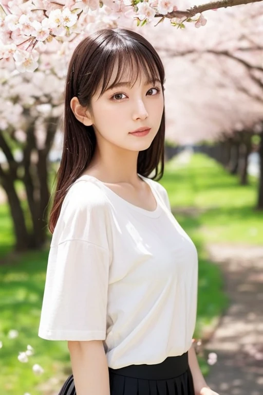 a lot of details, (underweight), 30 years old, detailed black hair, beautiful detailed hair, super fucking beautiful, complex details beautiful and delicate eyes, perfect hands, (flat chest best quality:1.5), perfect and delicate limbs, detailed skin, best quality, ultra-detailed,(cheerful grin:1.3),
park, Cherry blossom trees, blissful, standing, (looking back:1.2), flipped hair, white t-shirt, green cardigan, jeans, Japanese, chill atmosphere, (full body shot:1.3), extreme long shot, from behind, ground-level shot, wide shot, wide-angle lens