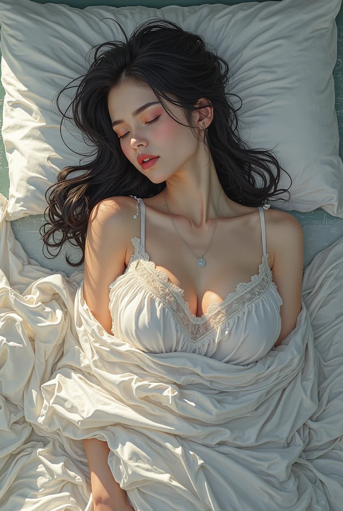 Sexy woman, black hair, single braid, long forehead, eyes closed, lips parted, deepest blush, flustered, lustful, off shoulder olive green t shirt and blue short shorts, lying on bed, very seductive, aroused, head on pillow, facing up 