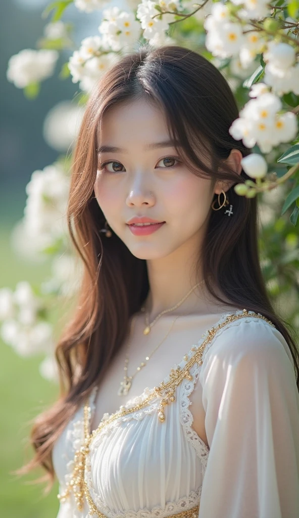 Superb Quality, Masterpiece, High Resolution, 1Girl, Blush, (Seductive Smile: 0.8), Star Pupil, Chinese Hanfu Lilac, Hair Accessories, Necklace, Jewelry, Beauty, on_body, Tyndall Effect, Realism, Lotus Pond, Light Edge, Two-tone Lighting, (High Detail Skin: 1.2), 8K UHD, DSLR, Soft Light, High Quality, Volume Lighting, Candid Photo, High Resolution, 4K, 8K, Background Bokeh