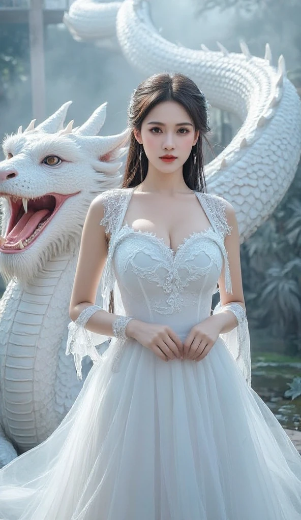 Full body, Beautifull women and white dragon blue sky..